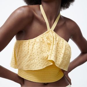 Zara Yellow Embroidered Eyelet Knit Top